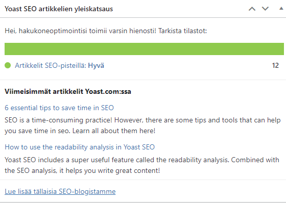 Optimization. Yoast SEO now gives perfect scores for a total of 12 posts.