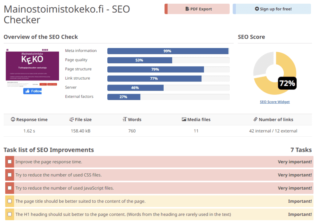 Optimization. Recorded Seobility SEO check for: https://www.mainostoimistokeko.fi/