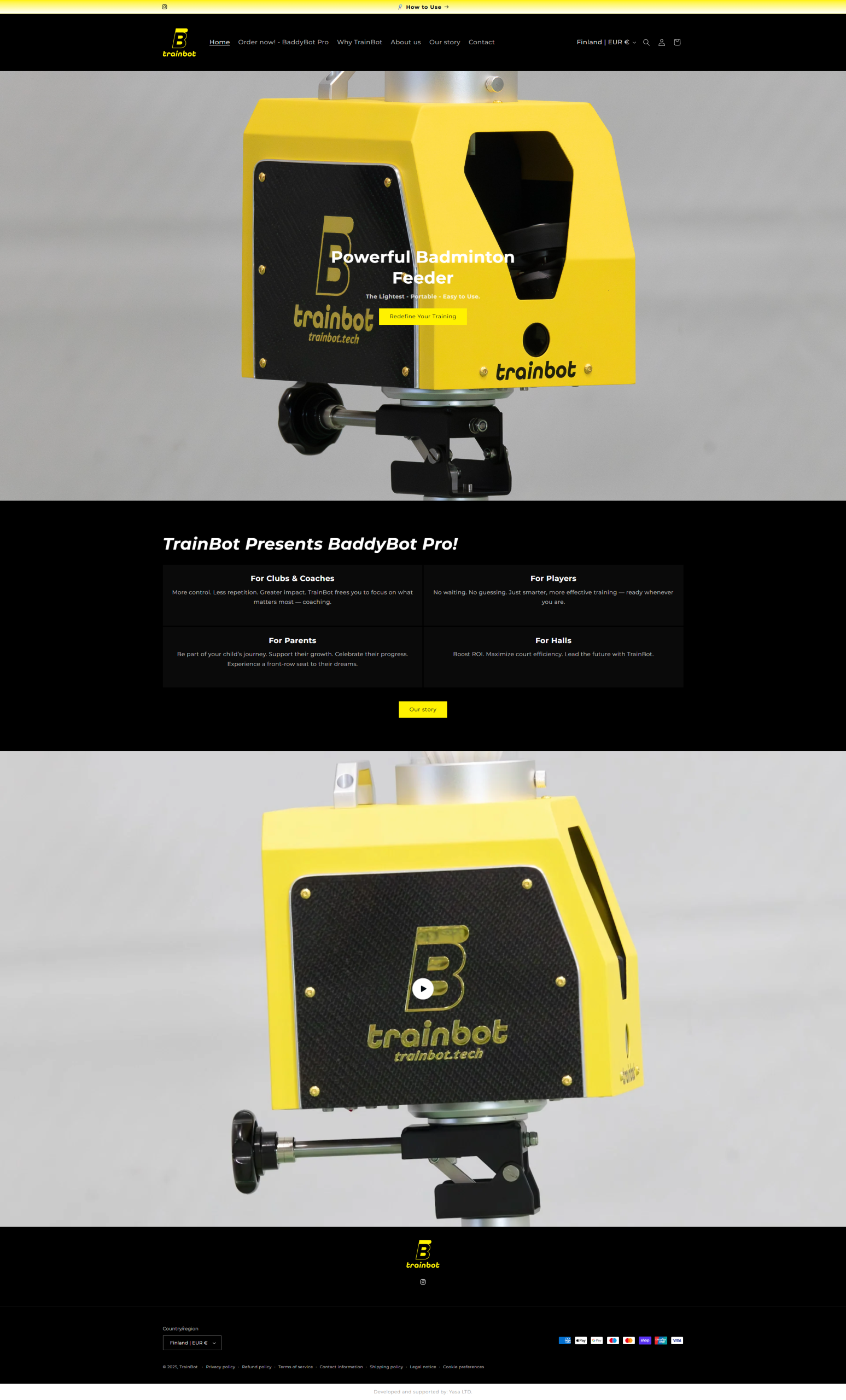 TrainBot homepage featuring the yellow BaddyBot Pro shuttlecock feeder and product video.