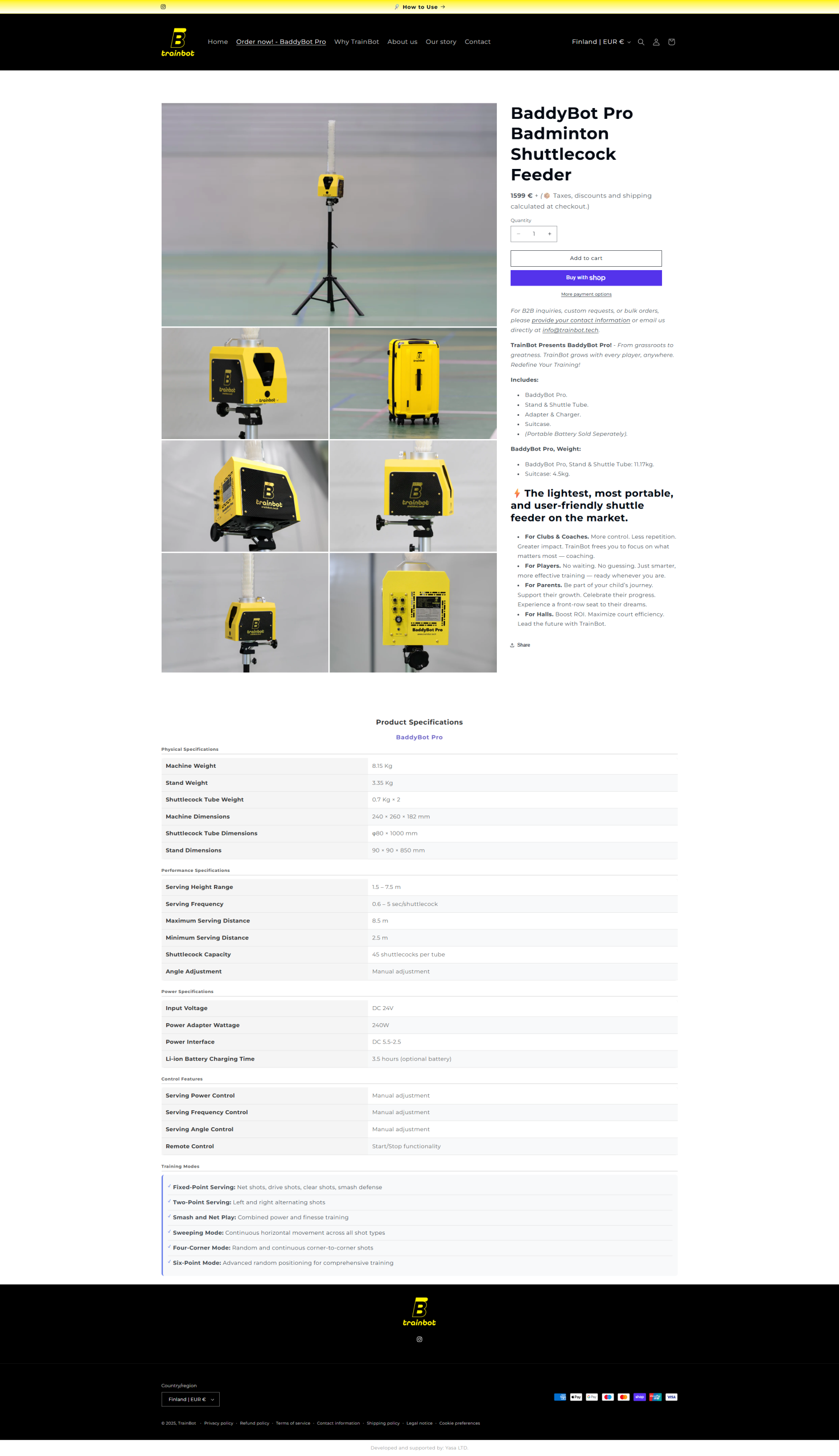 BaddyBot Pro product page with product photos, purchase controls and technical specifications.