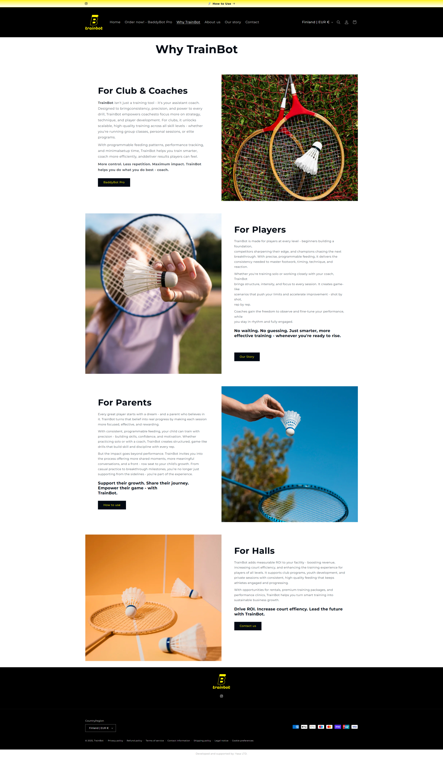 Why TrainBot page presenting benefits for clubs, coaches, players, parents and sports halls.