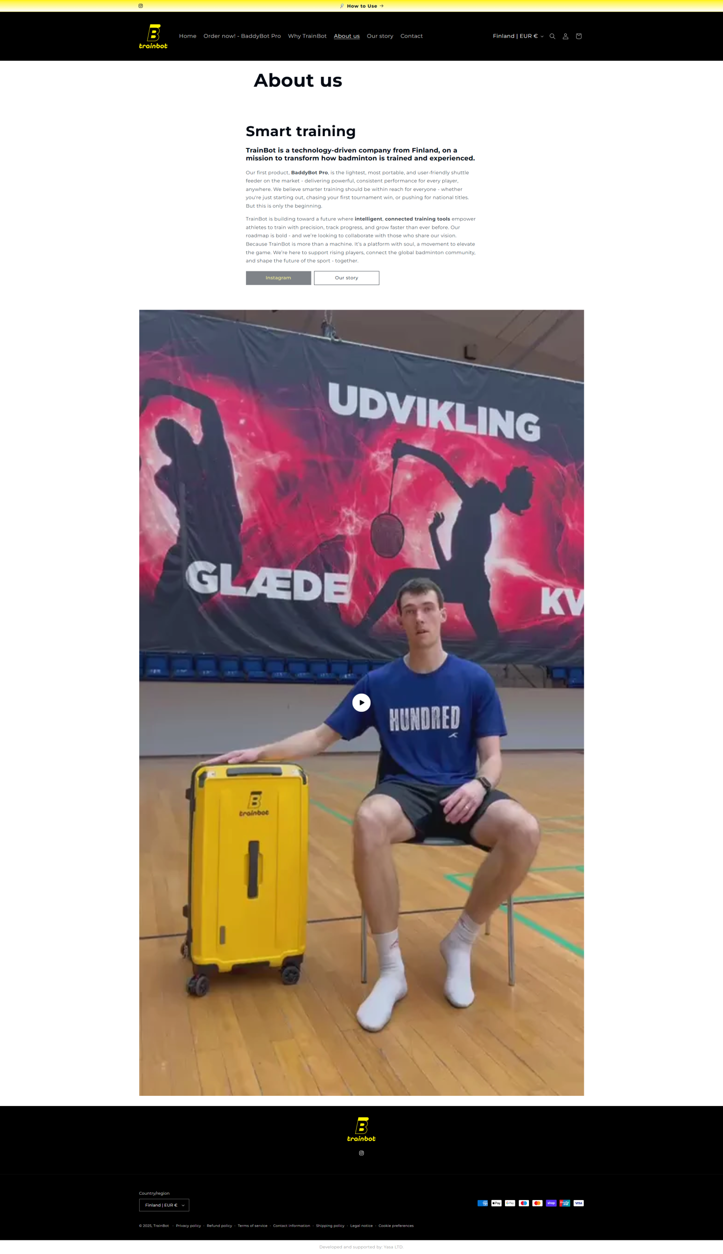 TrainBot About us page with company information and a video preview filmed in a sports hall.