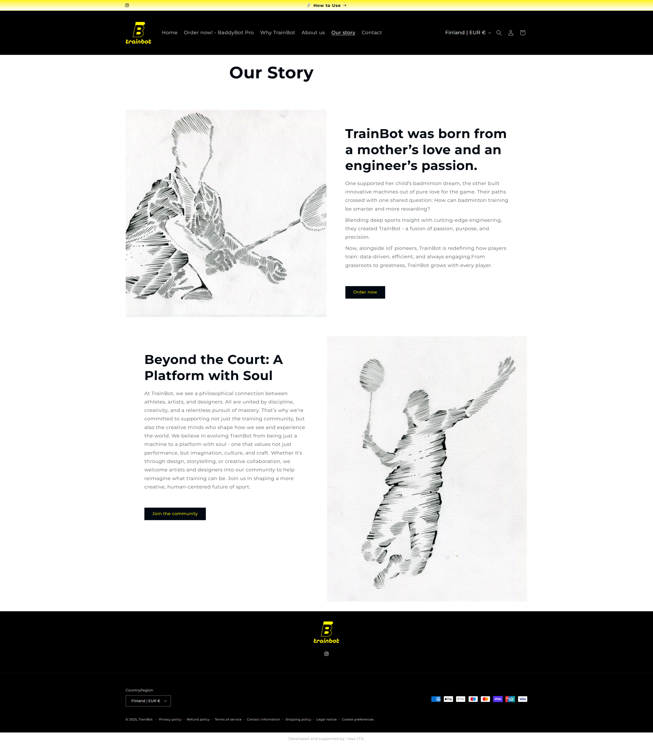 TrainBot Our Story page with the company story and illustrated badminton players.