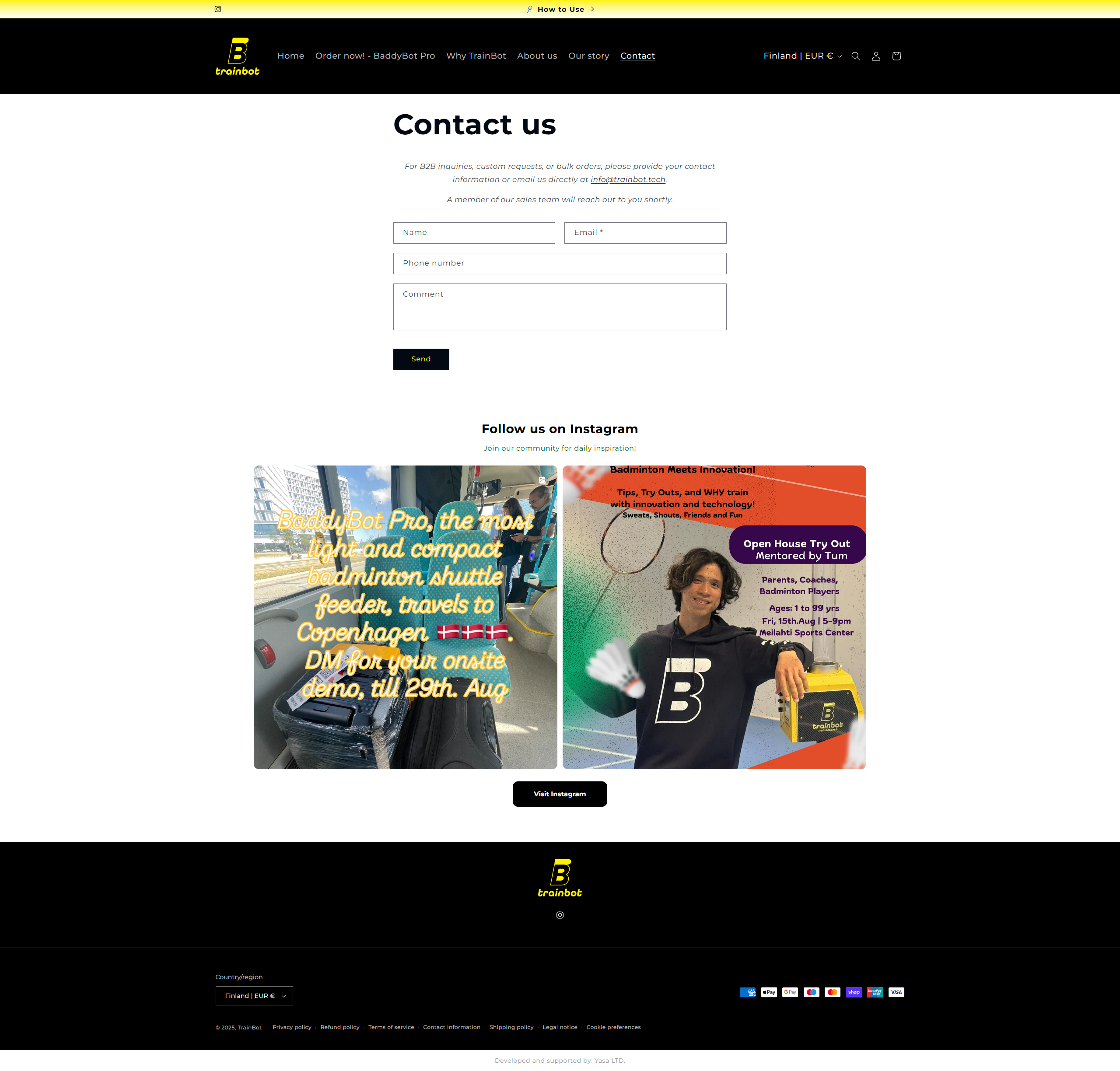 TrainBot contact page with an enquiry form and Instagram posts.