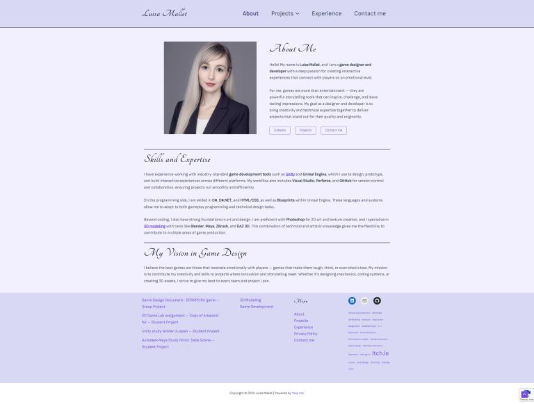 Luisa Mallet’s portfolio website is a showcase of both her skills and her professional identity as a game designer and developer.