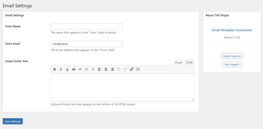 Email settings for sender name, sender address and the shared HTML footer.