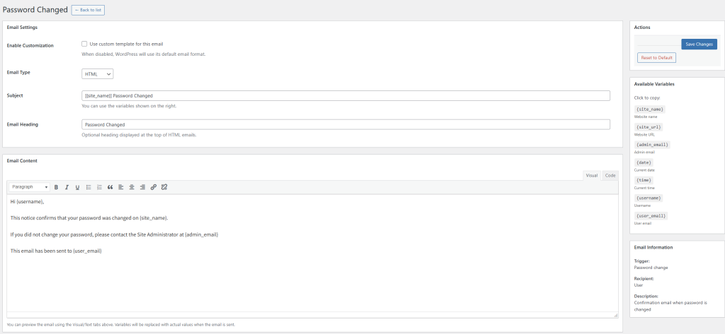 Password-change email template editor with subject, heading, content and available variables.