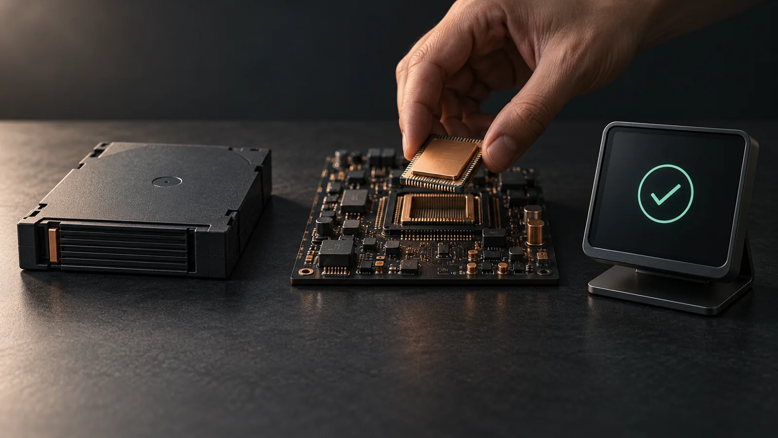 PHP security update process illustrated by a backup drive, replacement chip and verification check